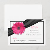 Roze Gerbera Daisy Zwart Lint Reageer RSVP Kaart (Voorkant / Achterkant)