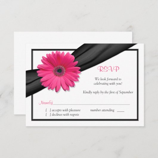 Roze Gerbera Daisy Zwart Lint Reageer RSVP Kaart (Voorkant / Achterkant)