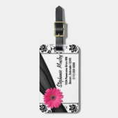 Roze Gerbera Daisy Zwart Wit Damask Floral Bagagelabel (Voorkant verticaal)