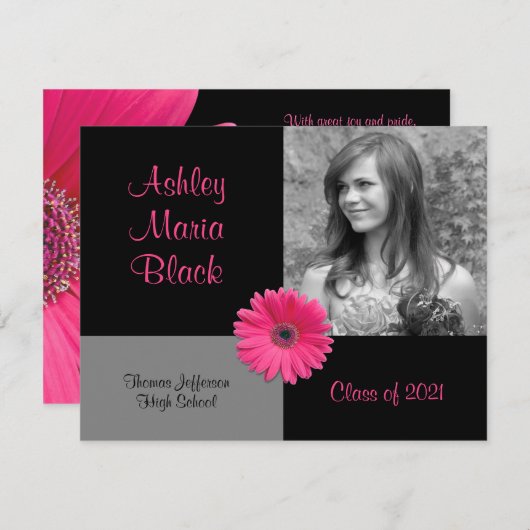 Roze Gerbera Foto Afstuderen Uitnodigen Kaart (Voorkant / Achterkant)