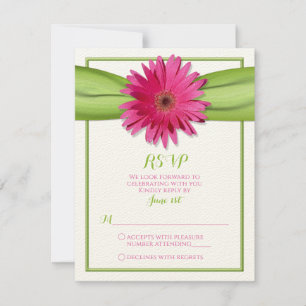 Roze Gerbera Madelief Groene Lint Trouw RSVP Kaartje