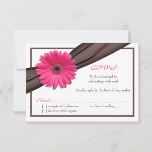 Roze Gerbera Madeliefje Bruine Lint Trouw Huwelijk RSVP Kaartje