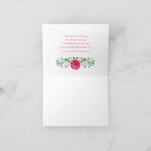 Roze Gerbera Madeliefje Groene Bloemen Bruiloft Da Bedankkaart (Binnen)
