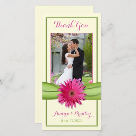Roze Gerbera Madeliefje Groene Lint Bruiloft Dank Bedankkaart (Voorkant / Achterkant)