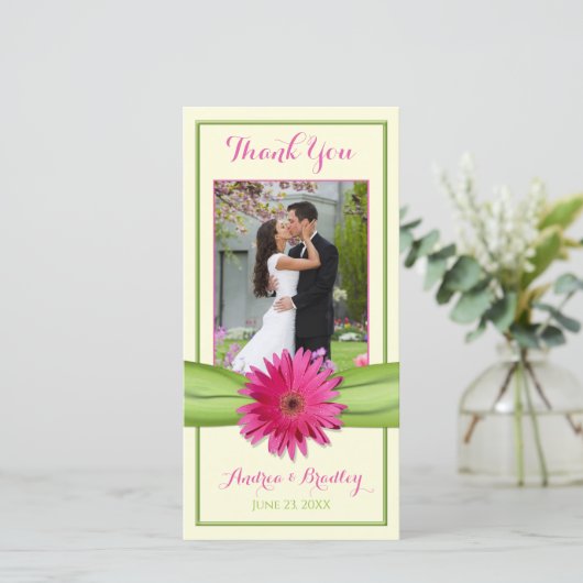 Roze Gerbera Madeliefje Groene Lint Bruiloft Dank Bedankkaart (Staand voorkant)