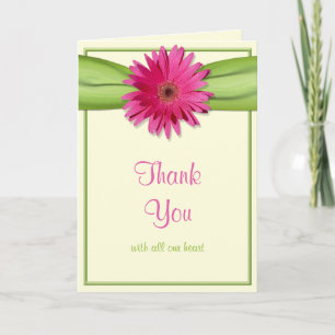 Roze Gerbera Madeliefje Groene Lint Trouw Huwelijk Bedankkaart