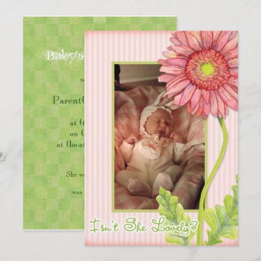 Roze Gerbera-margriet Foto Geboorteaankondiging Aankondiging (Voorkant / Achterkant)