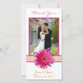 Roze Gerbera-Margriet Geruite Lint Trouw Huwelijk  Bedankkaart (Voorkant)