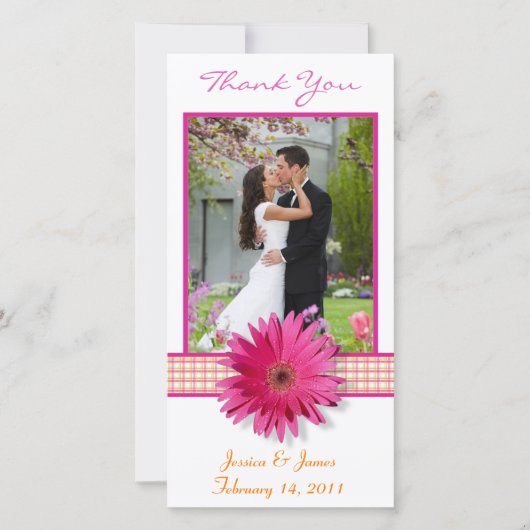 Roze Gerbera-Margriet Geruite Lint Trouw Huwelijk  Bedankkaart (Voorkant)