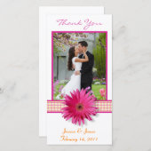 Roze Gerbera-Margriet Geruite Lint Trouw Huwelijk  Bedankkaart (Voorkant / Achterkant)