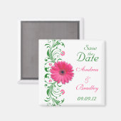 Roze Gerbera-Margriet Groene Bloemen Save the Date Magneet (Voorkant / Achterkant)