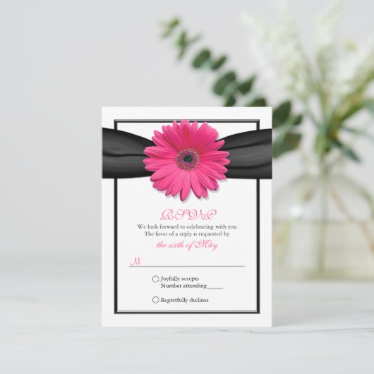 Roze Gerbera met Black Ribbon Response Kaart (Staand voorkant)