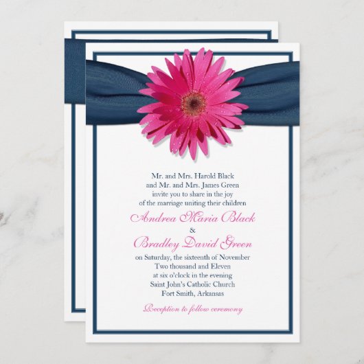 Roze Gerbera met Navy Blue Ribbon Invitation Kaart (Voorkant / Achterkant)