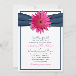 Roze Gerbera met Navy Blue Ribbon Invitation Kaart