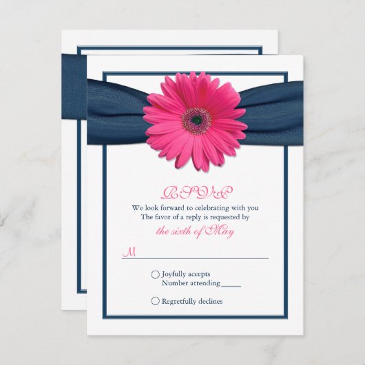 Roze Gerbera met Navy Ribbon Response Kaart (Voorkant / Achterkant)