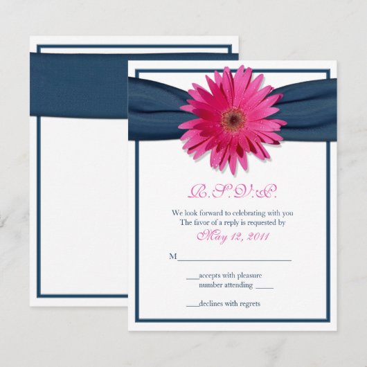 Roze Gerbera met Navy Ribbon Response Kaart (Voorkant / Achterkant)