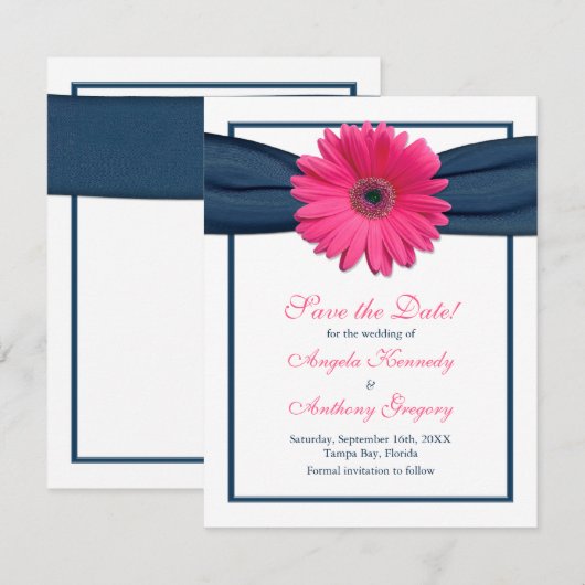 Roze Gerbera met Navy Ribbon Sparen de Kaart van d (Voorkant / Achterkant)