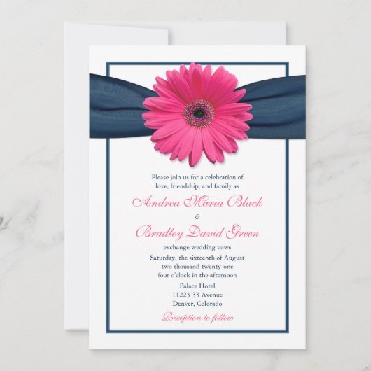Roze Gerbera met Navy Ribbon Wedding Invitation Kaart (Voorkant)