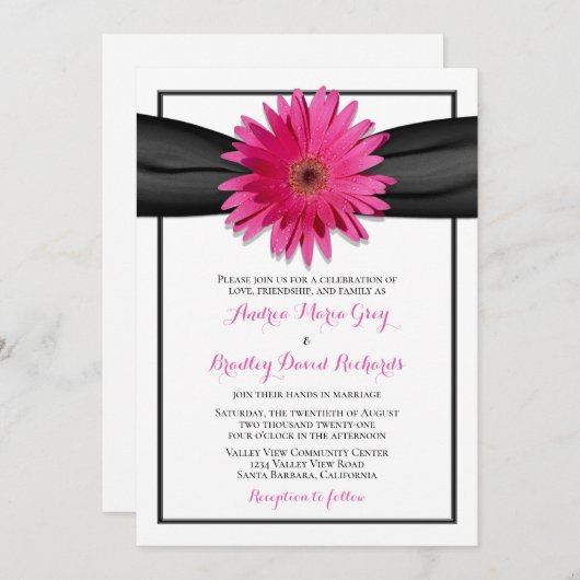 Roze Gerbera met uitnodiging van het Zwarte Satin (Voorkant / Achterkant)