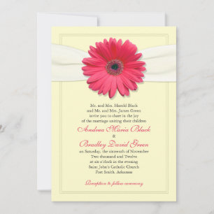 Roze Gerbera met uitnodiging van Ivory Ribbon