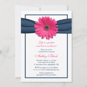 Roze Gerbera Navy Ribbon Bridal Shower Kaart