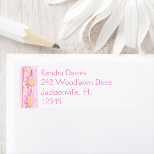 Roze Gerbera op witte retouradreslabel Etiket (Insitu)