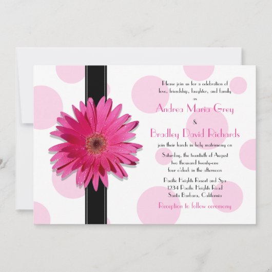 Roze Gerbera Polka Dot Wedding Uitnodiging (Voorkant)