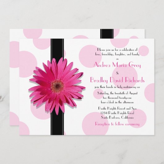 Roze Gerbera Polka Dot Wedding Uitnodiging (Voorkant / Achterkant)