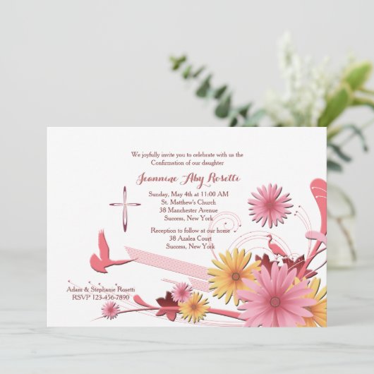 Roze Gerbera religieuze uitnodiging (Staand voorkant)