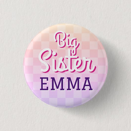 Roze geruit Big Sister Pin Button (Voorkant)