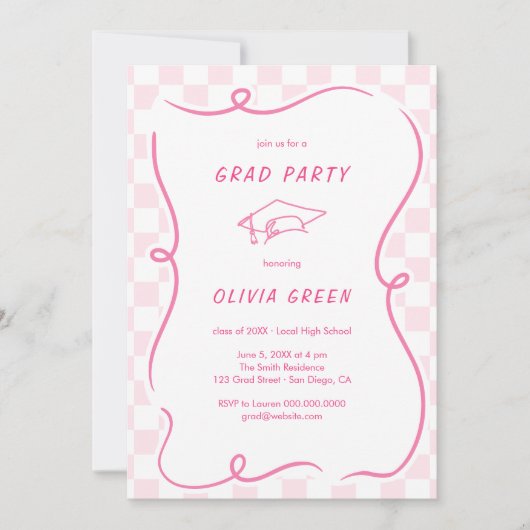 Roze geruit Squiggle Lijst Afstuderen Kaart (Voorkant)