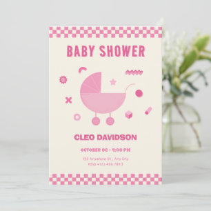 Roze Geruite baby kinderwagen baby shower Kaart