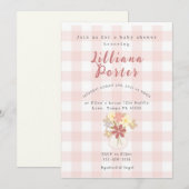 Roze geruite baby shower uitnodiging met bloem (Voorkant / Achterkant)