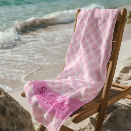 Roze geruite badhanddoek met gepersonaliseerde tek