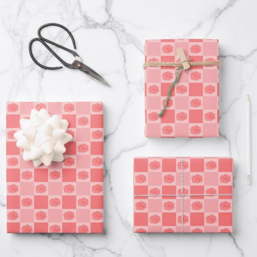 Roze geruite bloemen inpakpapier vel (Voorkant)