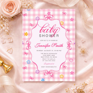 Roze geruite bloemen strik baby shower uitnodiging