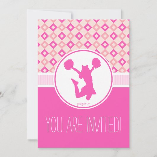 Roze Geruite Diamanten Cheer/Pom Party Uitnodiging (Voorkant)