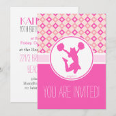 Roze Geruite Diamanten Cheer/Pom Party Uitnodiging (Voorkant / Achterkant)