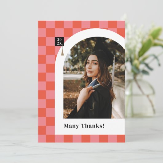 Roze geruite foto Afstuderen dank u kaart (Staand voorkant)