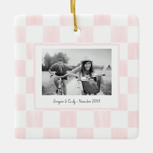 Roze geruite gepersonaliseerde foto keramisch ornament (Voorkant)