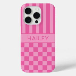 Roze geruite gestreepte gepersonaliseerde iPhone 15 pro case
