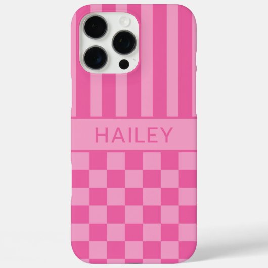 Roze geruite gestreepte gepersonaliseerde Case-Mate iPhone case (Achterkant)