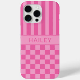 Roze geruite gestreepte gepersonaliseerde iPhone 15 pro max hoesje