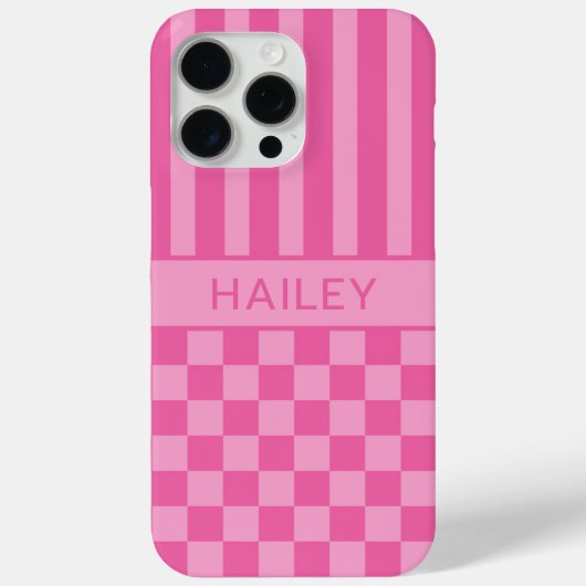 Roze geruite gestreepte gepersonaliseerde Case-Mate iPhone case (Achterkant)