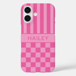 Roze geruite gestreepte gepersonaliseerde iPhone 16 hoesje