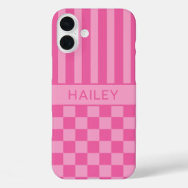 Roze geruite gestreepte gepersonaliseerde iPhone 16 plus hoesje