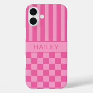 Roze geruite gestreepte gepersonaliseerde iPhone 16 plus hoesje