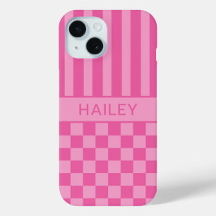 Roze geruite gestreepte gepersonaliseerde iPhone 15 case