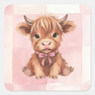 Roze geruite Hooglandkoe Cadeaupapier Vierkante Sticker