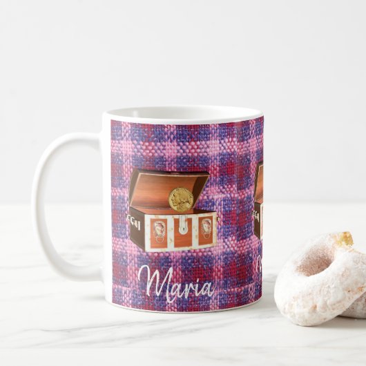 Roze geruite koffer mok (Met donut)